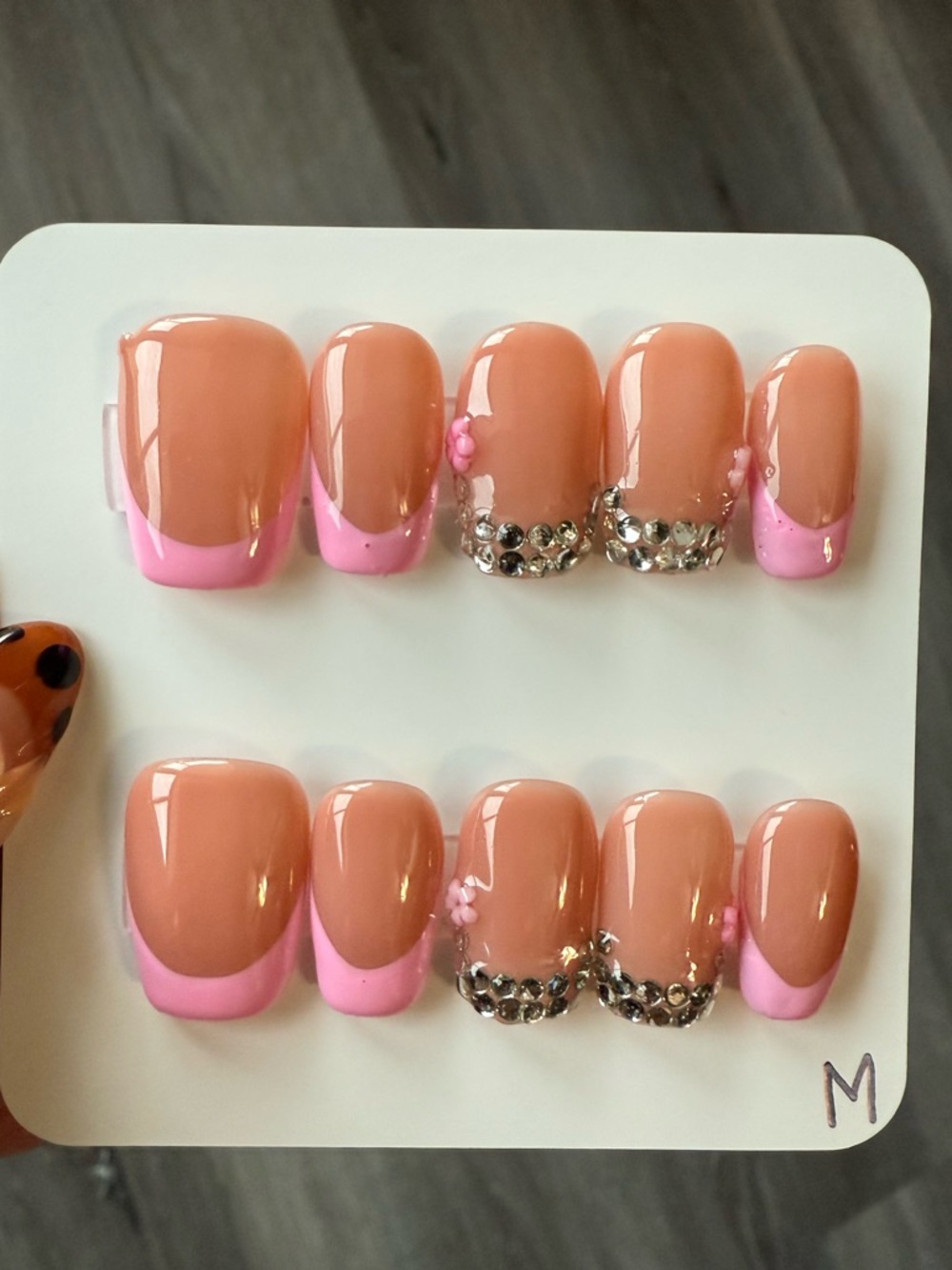 Peach Nude Press-On Nails with Pink Tips & Rhinestone Accent
